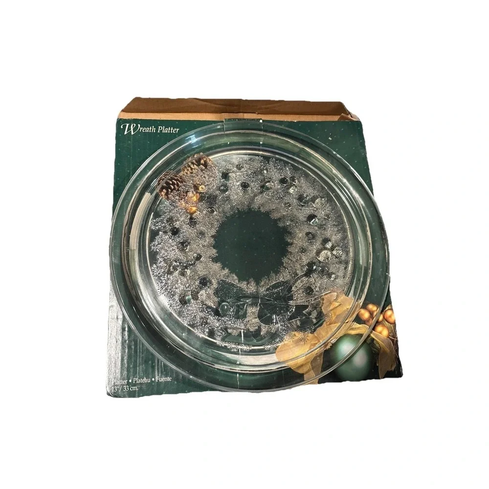 NIB Holiday Platter Indiana Glass Clear Christmas Wreath  13